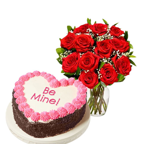 Be Mine - Heart Shape Cake with Red Roses