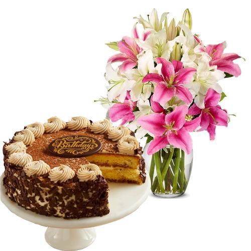 Lily Bouquet with Tiramisu Cake