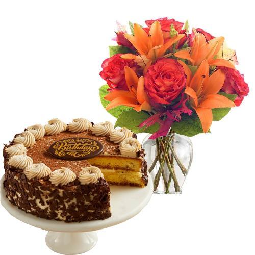 Orange Roses, Lilies with Tiramisu Cake	