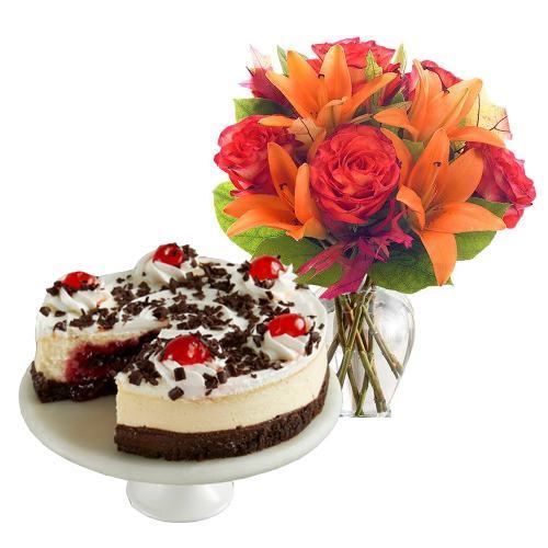 Black Forest Cheesecake with Mix Flowers Bouquet  