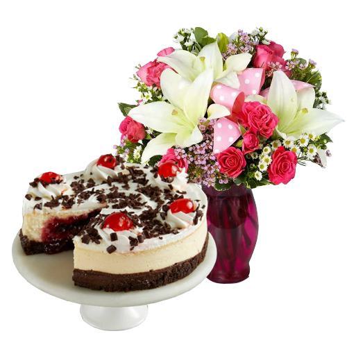 Mix Flowers Bouquet with Black Forest Cheesecake