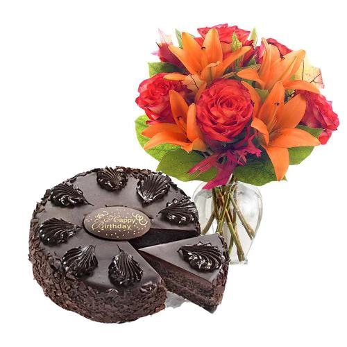 Chocolate Mousse Cake with Mix Flowers Bouquet