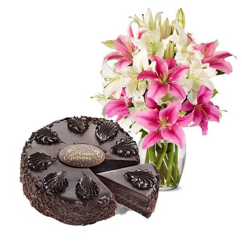 Lily Bouquet with Chocolate Mousse Cake