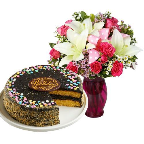 Mix Flowers Bouquet with Fudge Cake
