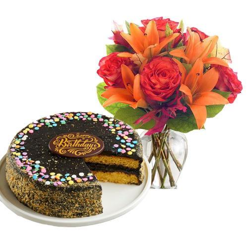 Golden Fudge Cake with Mix Flowers Bouquet