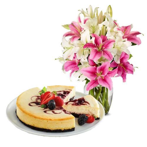 Lily Bouquet with Berry Chocolate Cheesecake