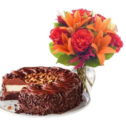 Dark Chocolate Cake with Mix Flowers Bouquet  