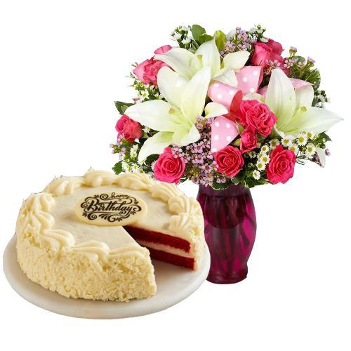 Mix Flowers Bouquet with Red Velvet Cake