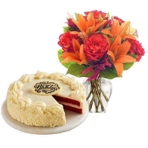 Orange Roses, Lilies with Cake