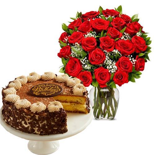 Two Dozen Red Roses with Cake