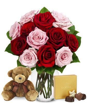 One Dozen Red & Pink Roses with Godiva and a Bear