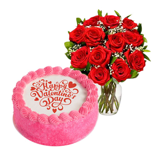 Pink Valentine's Cake with Red Roses